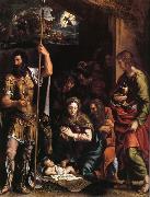 La nativite de l'enfant jesus avec l'adoration des bergers entre Saint Jean l'Evangeliste et Saint Longin, Giulio Romano